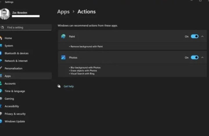 Actions Settings in Windows 11 preview build