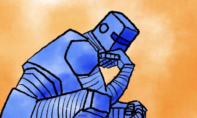 Illustration of a robot in "Thinking Man" pose