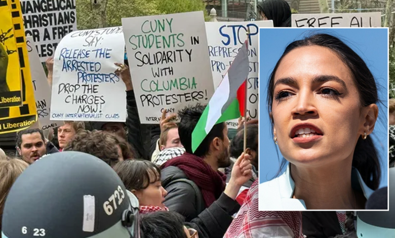 pro-Palestine protest, main image; right inset: AOC