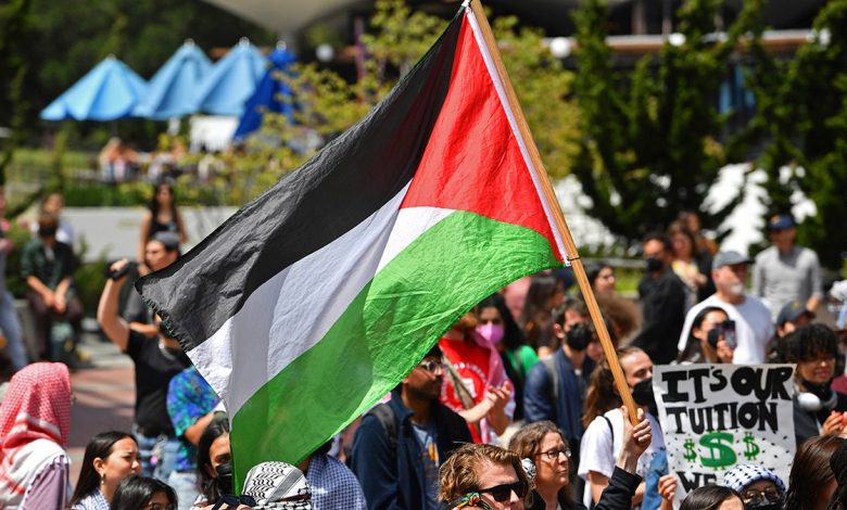 Large Palestinian flag, protesters