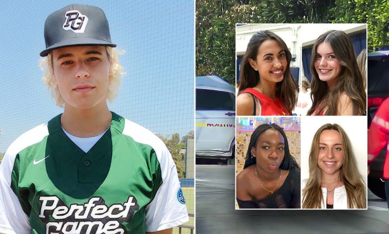 Young man in baseball uniform next to headshots of four women.