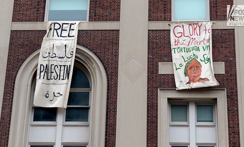 Anti-Israel protestors hang signs from Columbia University in New York City