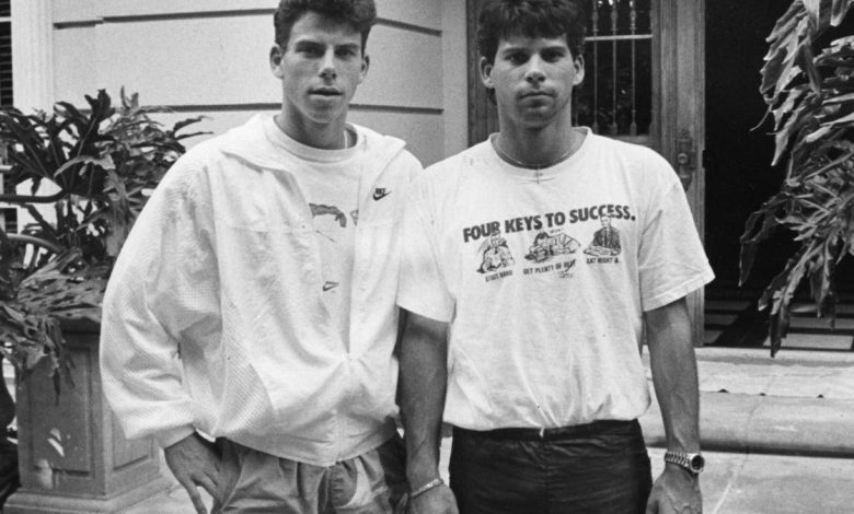 Menendez Brothers in a black and white photo outside their Beverly Hills home