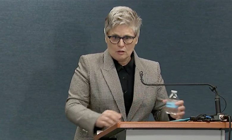 Mary Moriarty speaks at a press conference in a gray suit