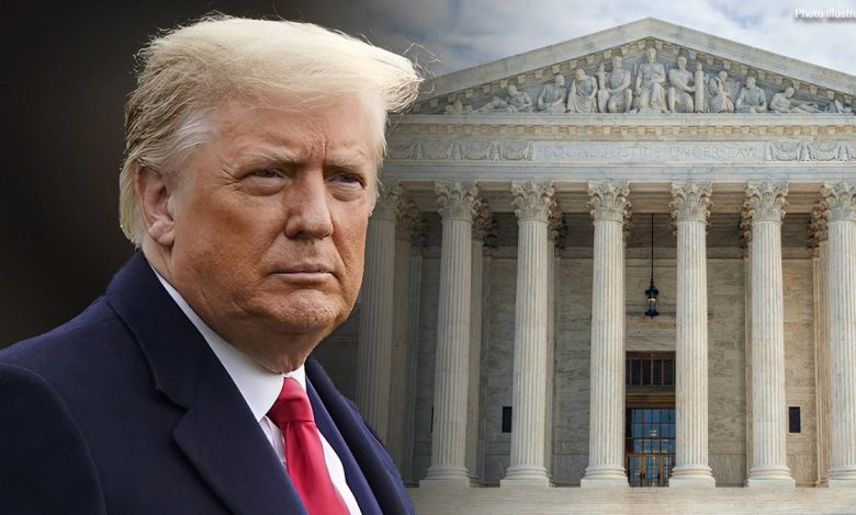 Trump, left; Supreme Court building, right