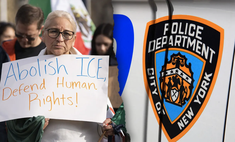 anti-ICE demonstrator with sign, left; NYPD logo, right