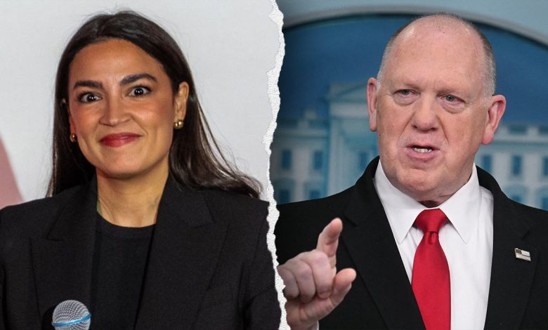 Rep. Alexandria Ocasio-Cortez (D-NY) speaking at a town hall in Queens, left, and Tom Homan
