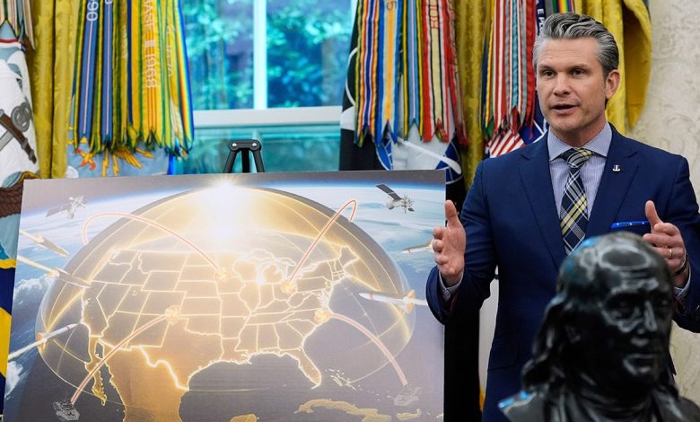 Defense Secretary Pete Hegseth speaks over Golden Dome display
