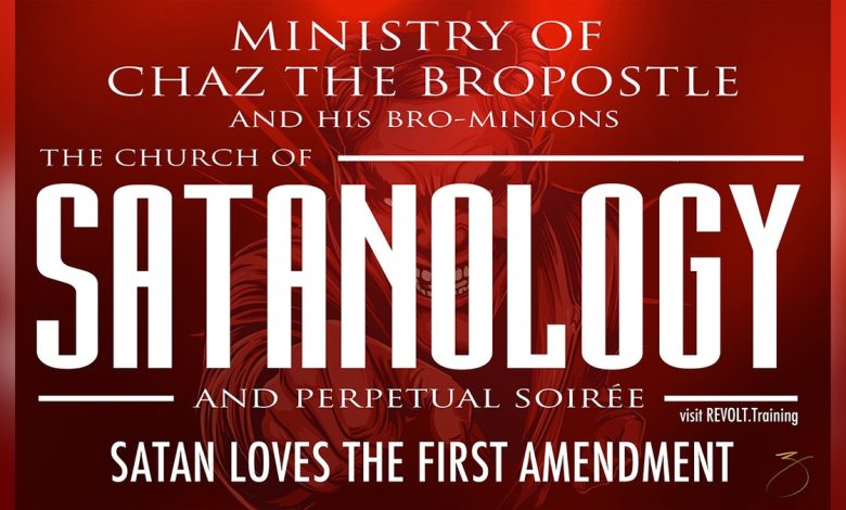 "Satanology" banner.