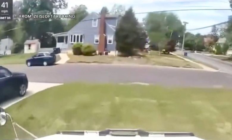 Dashcam footage of a dump truck crashed into a house in New Jersey.