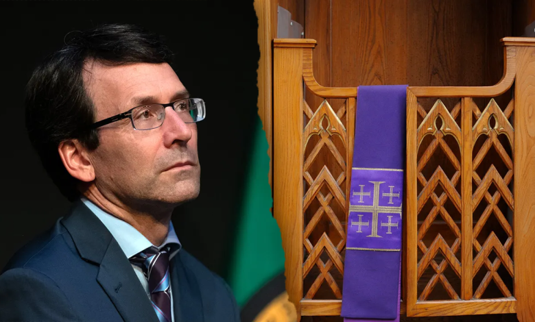 Gov. Ferguson, left; confessional booth, right