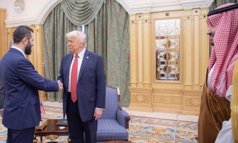 US President Donald Trump (C) meets with Syrian President