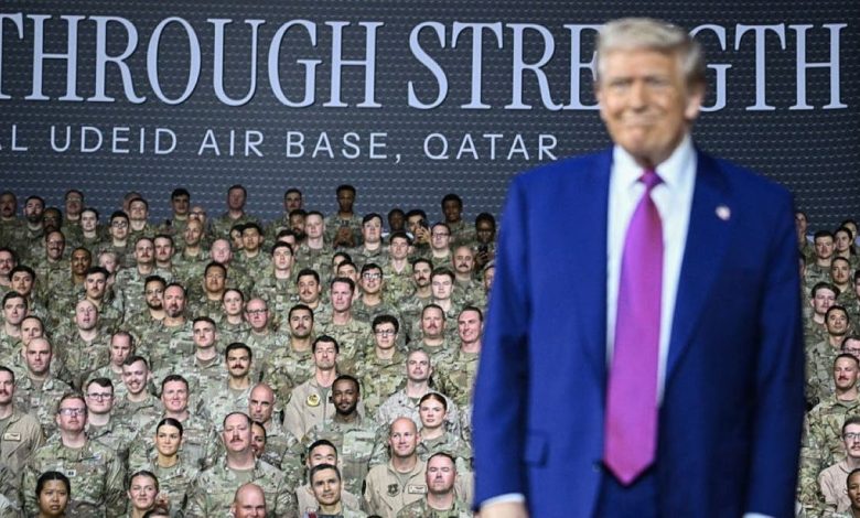 US President Donald Trump arrives to address troops at the Al-Udeid air base southwest of Doha on May 15, 2025. (Photo by Brendan SMIALOWSKI / AFP) (Photo by BRENDAN SMIALOWSKI/AFP via Getty Images)