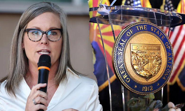 Katie Hobbs holding microphone, left; Arizona seal, right