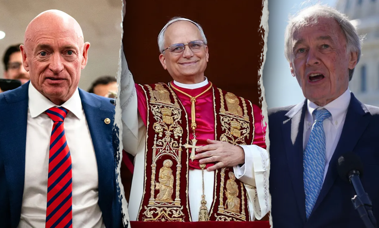 Sens. Kelley, Markey flanking Pope Leo XIV in photo montage