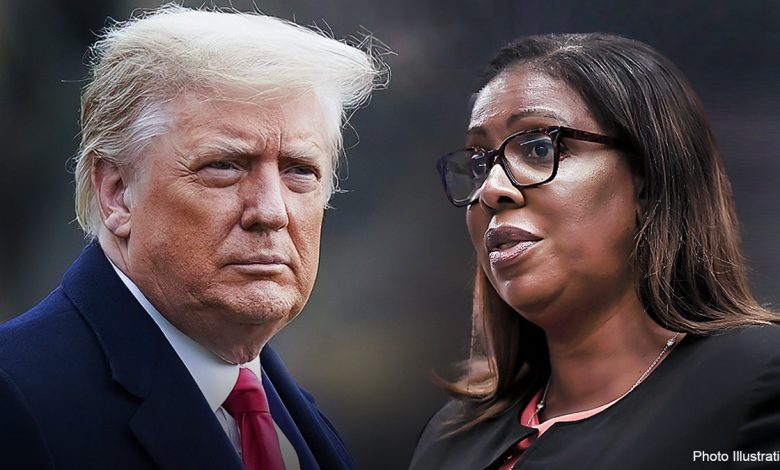 President Donald Trump and Letitia James are seen in this split image.