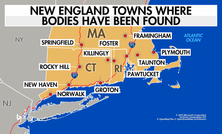 New England serial killer, map of where victim have been found.