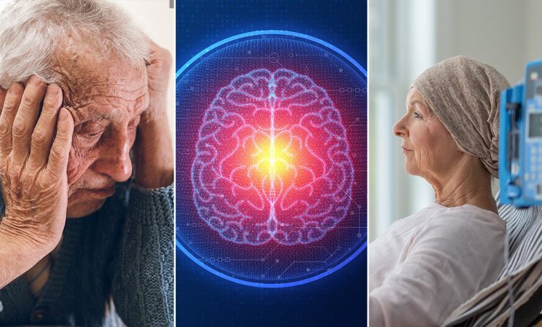 Threeway split for the Health newsletter including an old man holding his head in his hands, a graphic of a brain, and an older woman going through cancer treatment.