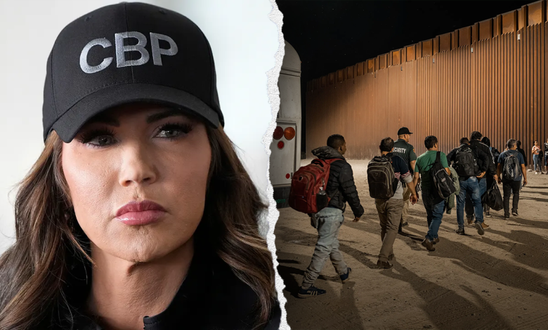 Kristi Noem, left; southern border, right