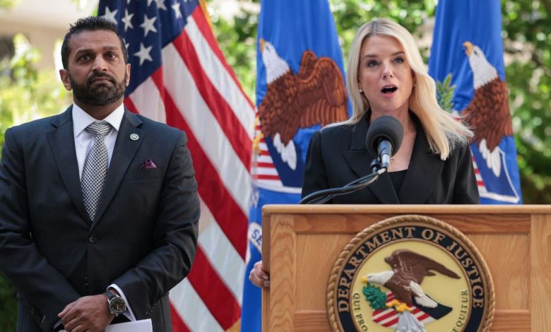 Attorney General Pam Bondi and FBI Director Kash Patel at a press briefing