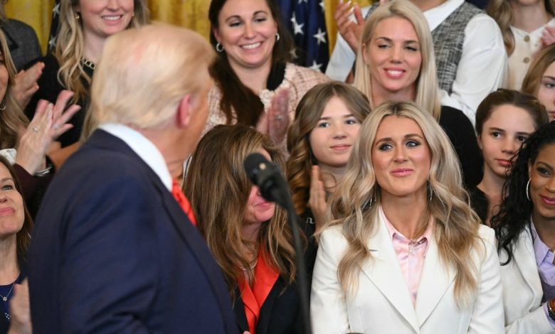 US President Donald Trump acknowledges former Kentucky swimmer Riley Gaines.