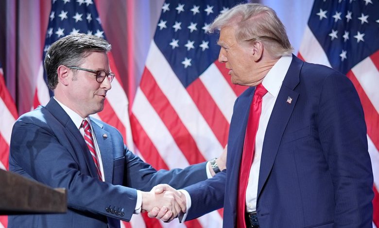 Speaker Johnson shaking hands with President Trump