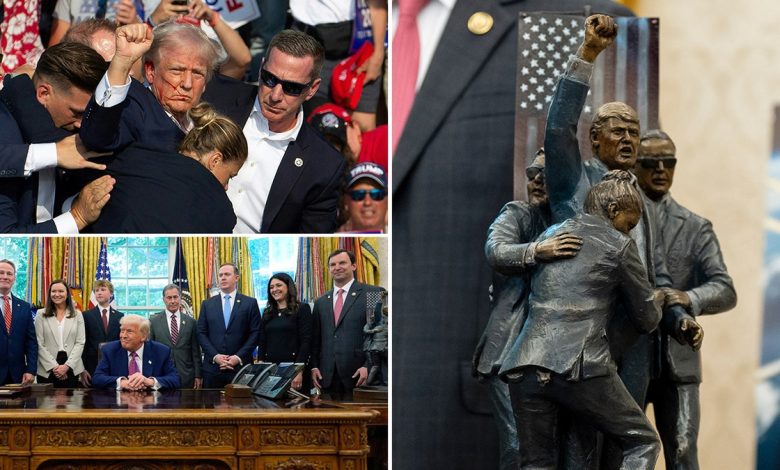 A statue of depicting the attempted assassination attempt on President Donald Trump in Butler, PA, last year was seen displayed in the Oval Office on Friday.