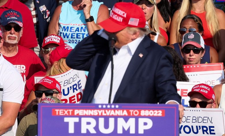 Donald Trump reacts as multiple shots rang out during a campaign rally