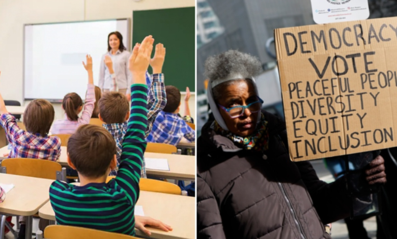 Classroom and protest scenes