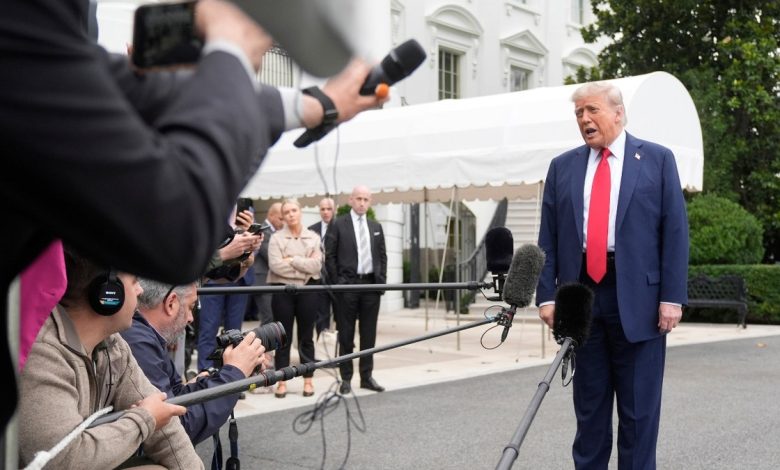 President Donald Trump, from right, speaks with reporters as White House Deputy Chief of Staff Stephen Miller and White House press secretary Karoline Leavitt listen before departing the White House on his way to attend the G7 Summit in Canada, Sunday, June 15, 2025, in Washington.