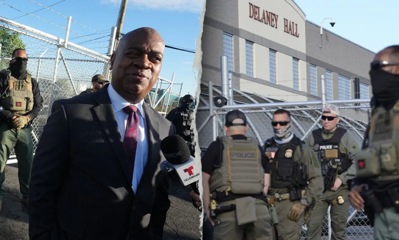 Left: Newark Democratic Mayor Ras Baraka speaks outside Delaney Hall ICE facility during a protest. Right: Security personnel stand in front of Delaney Hall, a recently re-opened immigration detention center, in Newark, N.J., Wednesday, May 7, 2025.