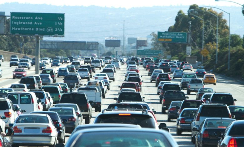 A traffic jam on the 405 freeway in LA California.