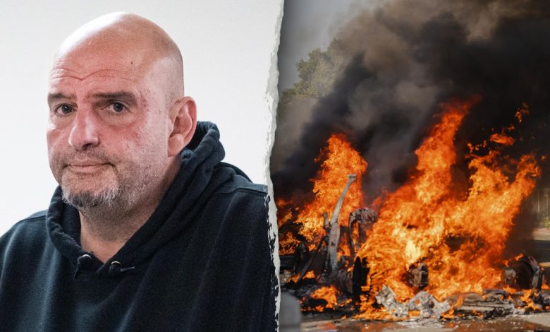 Left: Sen. John Fetterman; Right: Vehicles burn in Los Angeles