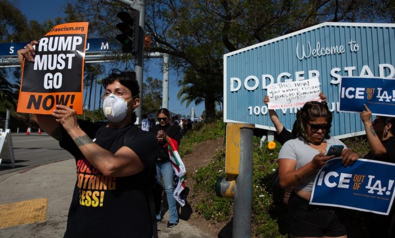 Protesters gather at Dodger Stadium amid ICE controversy in Los Angeles