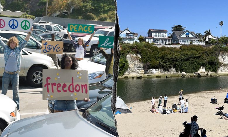 A composite image showing a group of young protesters in a parking lot hold handmade signs with words like