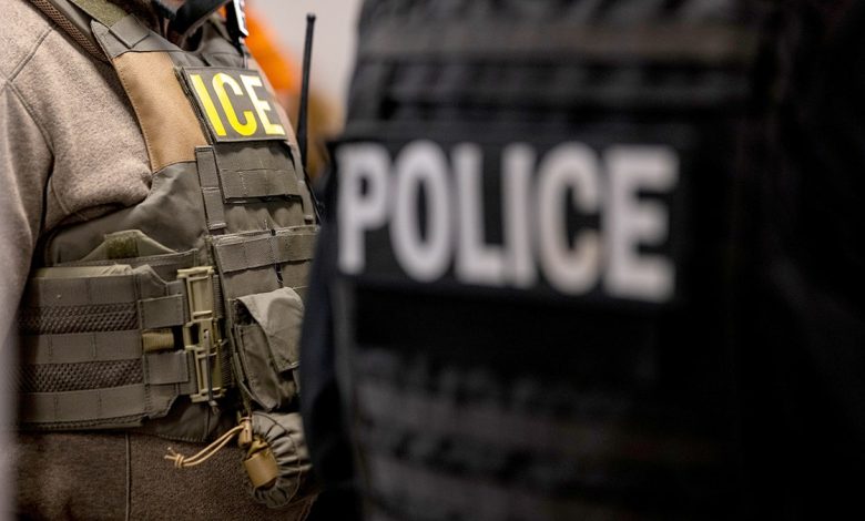 Man with vest that says "ICE." Nearby, the word "POLICE" can be seen.