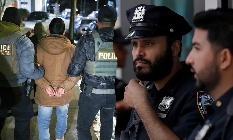 police arresting someone, left; nypd officers together, right