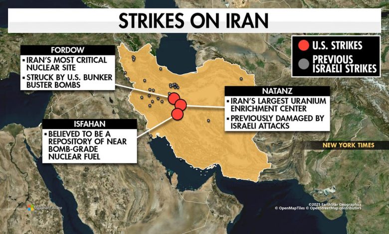 A map shows nuclear sites in Iran that were struck by the United States during Operation Midnight Hammer.