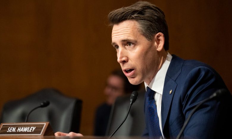 Sen. Josh Hawley speaks from the podium in a Senate hearing.