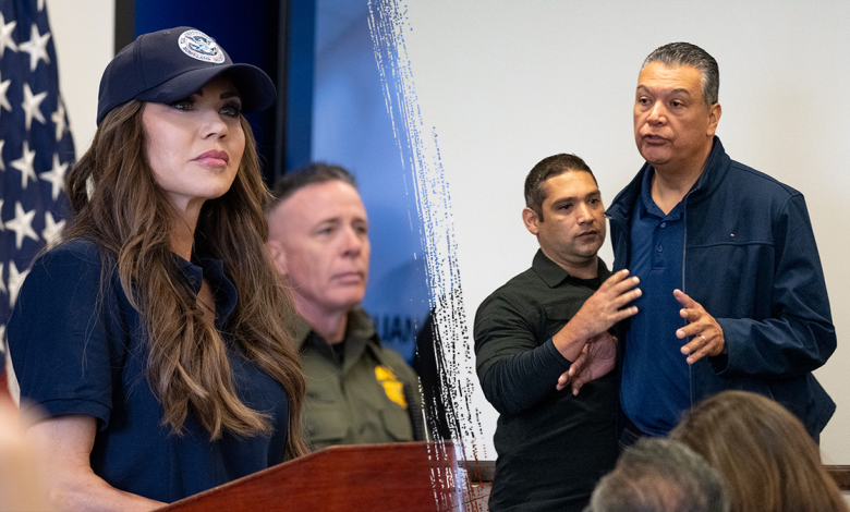 Kristi Noem in a hat standing at a podium (Left) Alex Padilla is pushed by a man (Right)