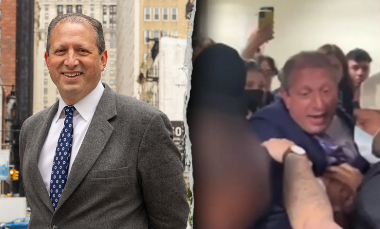 Brad Lander, posed, left; in scuffle, right