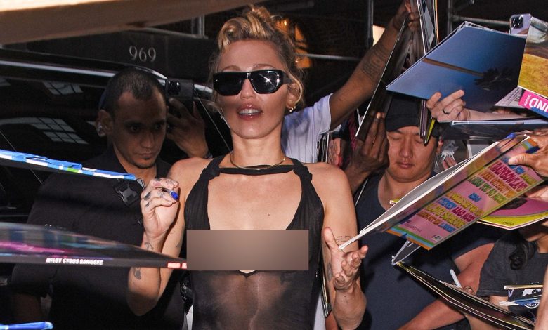 Miley Cyrus goes braless in sheer black dress during album promotion