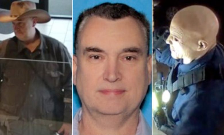 3 photos of Vance L. Boelter in a cowboy hat, an older driver's license photo and the masked gunman