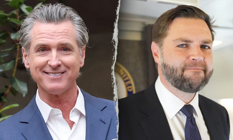 Left: California Gov. Gavin Newsom; Right: Vice President JD Vance