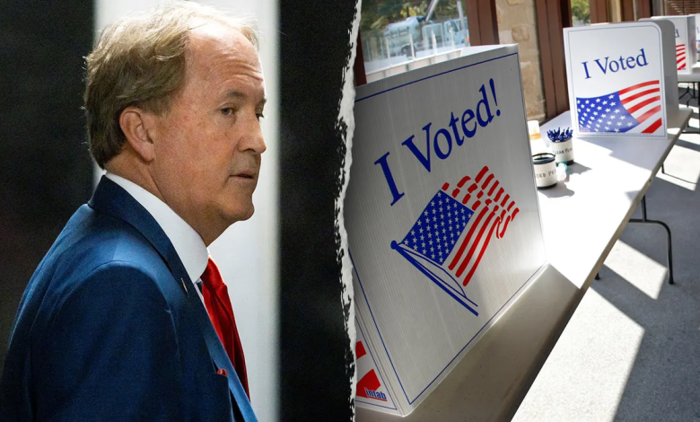 profile shot of Ken Paxton, left; I VOTED ballot boxes, right