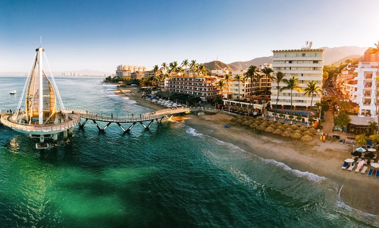 Panoramic Aerial View of Puerto Vallarta Skyline in Mexico.