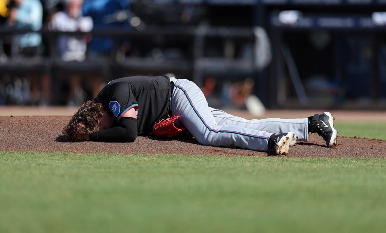 Marlins pitcher Ryan Weathers was drilled in the head by a throw during warmup