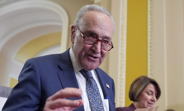 Senate Minority Leader Chuck Schumer, D-N.Y., joined by Sen. Amy Klobuchar, D-Minn., right, speak to reporters following closed-door party meetings at the Capitol in Washington, Tuesday, June 17, 2025.