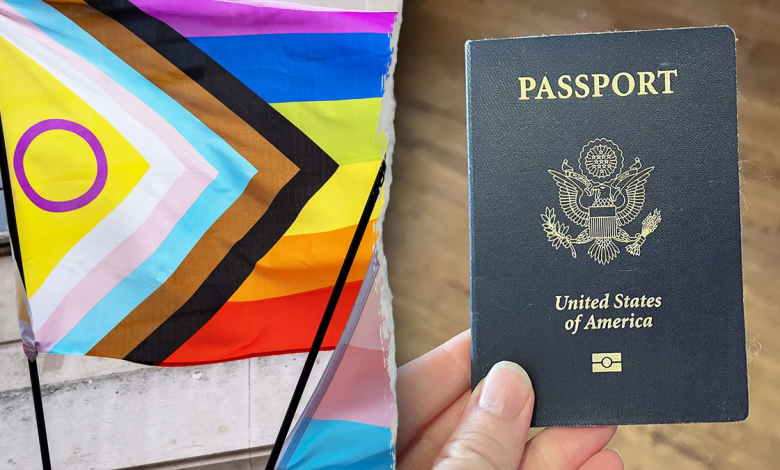 A pride flag in a split image with a U.S. passport