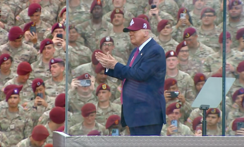 President Donald Trump clapping at Fort Bragg